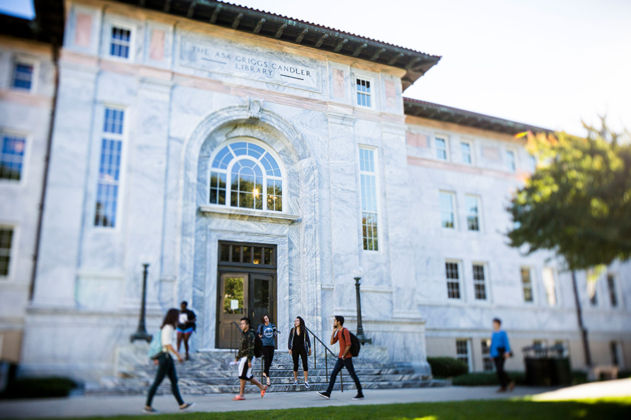 students outside Candler Library on ATL campus