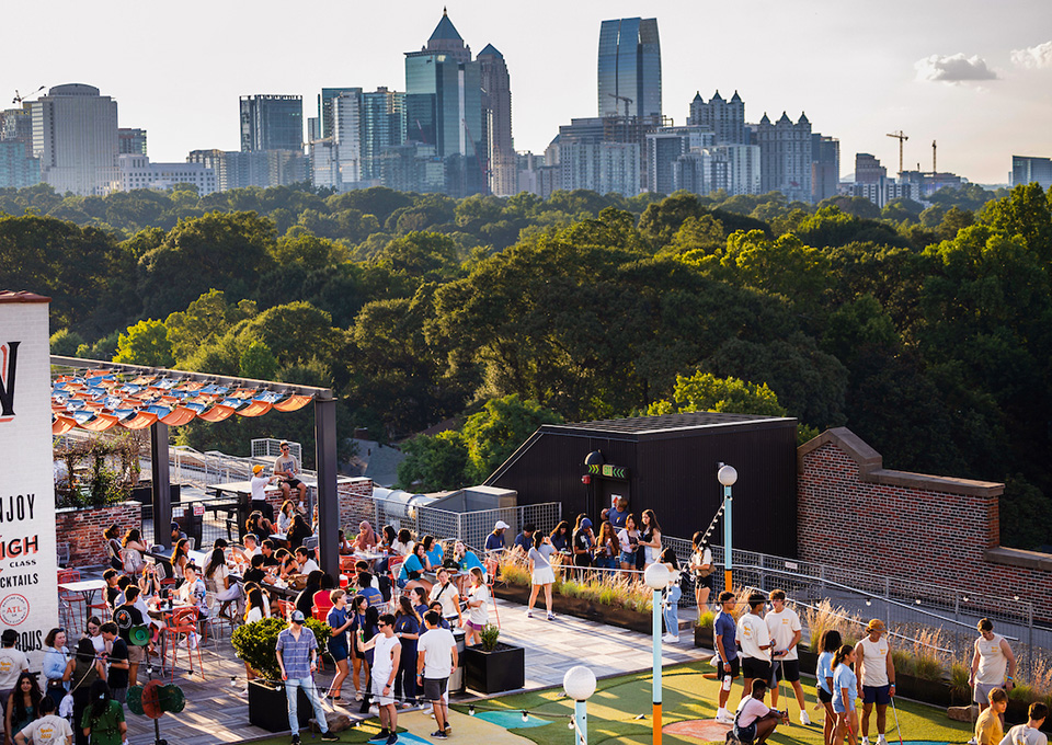 Emory students at a roof-top event in Atlanta